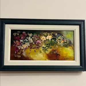 Framed Floral Oil Art Print in Yellow and Pink